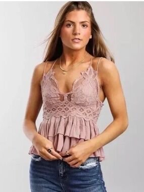 Free People Adella Lace Cami Mauve Romantic Boho Ruffle Tank NWT XS